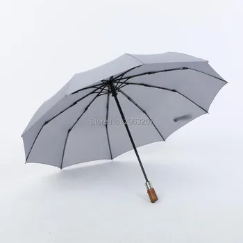 10 adet Otomatik Şemsiye Erkek Kadın Ahşap Saplı Üç Katlanır Şemsiye Yağmur Basit Cam Elyaf Rüzgar Geçirmez Paraguas