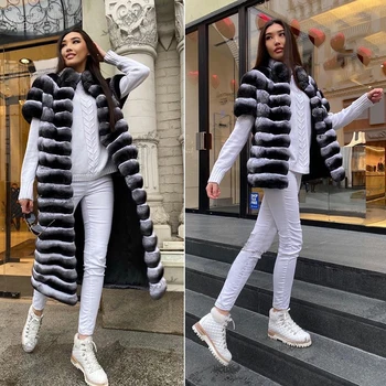 100 cm Uzun Gerçek Rex Tavşan Kürk Chinchilla Renk Yüksek Kalite Doğal Kadın Rahat Kürk Paltolar Hakiki Tavşan Kürk Palto