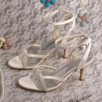 2018 Burnu Açık Basit Kadın Düğün Sandalet Fildişi Saten Orta Topuk Yaz Ayakkabı Gelin için