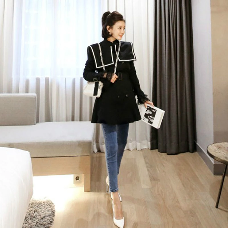 2019 Sonbahar ve Kış Siyah Ceket Kadın Orta-Uzun Yeni Kore Mizaç kadın Popüler Giyim Çift Düğme Rahat Ceket