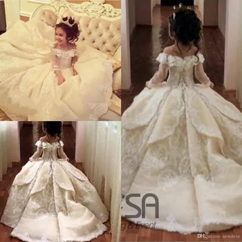 2019 Vintage Prenses Çiçek Kız Elbise Dantel Off-omuz Özel Durum Düğün Çocuklar Pageant Törenlerinde Communion Elbise
