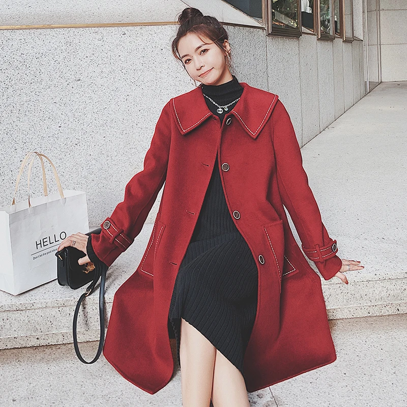 2020 Kış Yeni Kadın Vintage Kırmızı Yün Ceket Ince Rahat Kore Orta-uzun Rüzgarlık Kadın Zarif Palto Siper Bayanlar