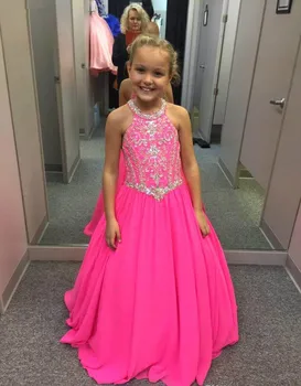 2020 Sevimli Fuşya kızın Pageant Elbise Prenses Boncuklu Kristaller Parti Cupcake Genç Pretty Küçük Çocuklar Kraliçe Çiçek Kız Elbise