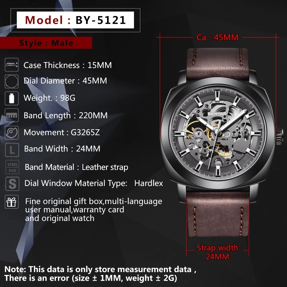 2021 erkek saati BENYAR En Lüks Marka Otomatik mekanik saat erkek Iş Moda Deri Kayış Su Geçirmez Kol Saatleri 0
