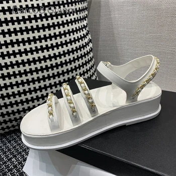 2021 Hakiki Deri Kadın plaj ayakkabısı için Kadın Yaz Açık Düz Sandalet rahat ayakkabılar Sneakers Sandalias İle Metal Zincir