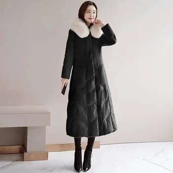 2021 Kadın Kore Tarzı Aşağı Kapitone Ceket Kış Uzun Bölüm Ince Diz Boyu Büyük Kürk Yaka Yastıklı Fermuar CoatA428