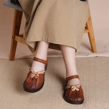 2021 Yeni Vintage El Yapımı Retro Kenevir Sandalet Klasikleri Düşük Topuk Kahverengi Retro Yuvarlak Ayak Hakiki ınek Deri Serin kadın ayakkabı