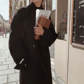 2022 Siyah Kahverengi Uzun Ceket Taklit Yün Kış Kadın Yaka Kemer Basit Sıcak Zarif Bayanlar Palto Artı Boyutu Moda N100