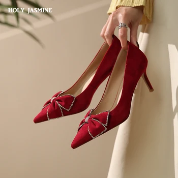 2022 Siyah Kırmızı 6.5 cm Ince Yüksek Topuklu Bayanlar Parti Düğün Ayakkabı Süet Deri Kelebek-düğüm Zarif Tek Ayakkabı Kadın Pompaları
