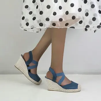 2022 Yaz Kadın Ayakkabı Donanma Bej Renk Elastik Çapraz Bant Kenevir Desen Platformu Espadrilles Takozlar Topuklu Sandalet Boyutu 43