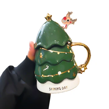 3D Noel Ağacı kapaklı kupa Kaşık Yaratıcı Seramik Büyük Kapasiteli kahve Fincanı Ev Restoran Ofis için B88