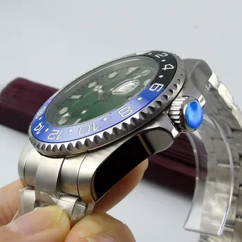 40MM Yeşil Steril Arama Safir Cam Tarih Dağıtım Aydınlık Çelik Bilezik GMT Otomatik Hareketi erkek saati