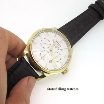 42mm parnis beyaz kadran Altın sarı kılıf İşlevli Safir Cam 26 jewels miyota 9100 Otomatik mens Watch 0