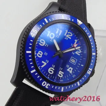 44mm Mavi Kadran Dönen Çerçeve Işıltılı marks PVD kaplı Deri kayış Otomatik Hareketi erkek saati YENİ Gelmesi