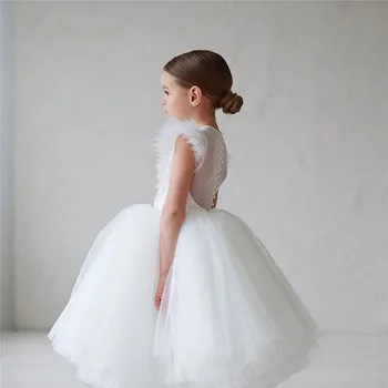 A-Line Beyaz Çiçek Kız Elbise Kabarık Tül Prenses Düğün Parti Elbise Pageant Elbise Çocuk Giyim Photoshoot