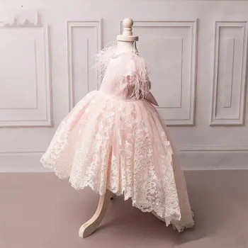 Allık Pembe Kız Communion Elbise Kız Pageant Elbise Aplikler Bow Çiçek Kız Elbise Çocuk Doğum Günü Partisi Giyim Kapaklı Kollu