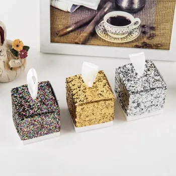 Altın Gümüş Glitter Hediye Şeker Kutusu Doğum Günü Partisi Düğün Papercard Bling Favor Kutuları Beyaz Kurdele İle 5X5 cm