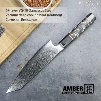 Amber 8 inç Kiritsuke Bıçak 67 Katmanlar VG10 Şam Çelik Mutfak Bıçakları Manda Boynuzu Mammonth Reçine Döküm Kolu Japon Bıçak