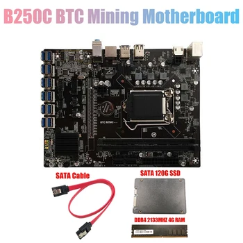 AU42-B250C BTC Madencilik Anakart ile 120G SSD + DDR4 4 GB 2133 MHZ RAM + Kablo 12 XPCIE USB3.0 Kart Yuvası LGA1151 BTC için