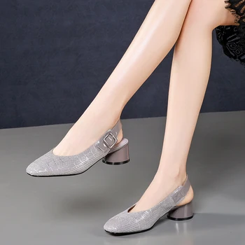 Autuspın Hakiki deri kadın ayakkabısı 2021 Sonbahar Yeni Stil Arkası Açık Iskarpin Kalın Topuklu Pompalar Kadın Zarif Ofis Bayan Rahat Ayakkabı