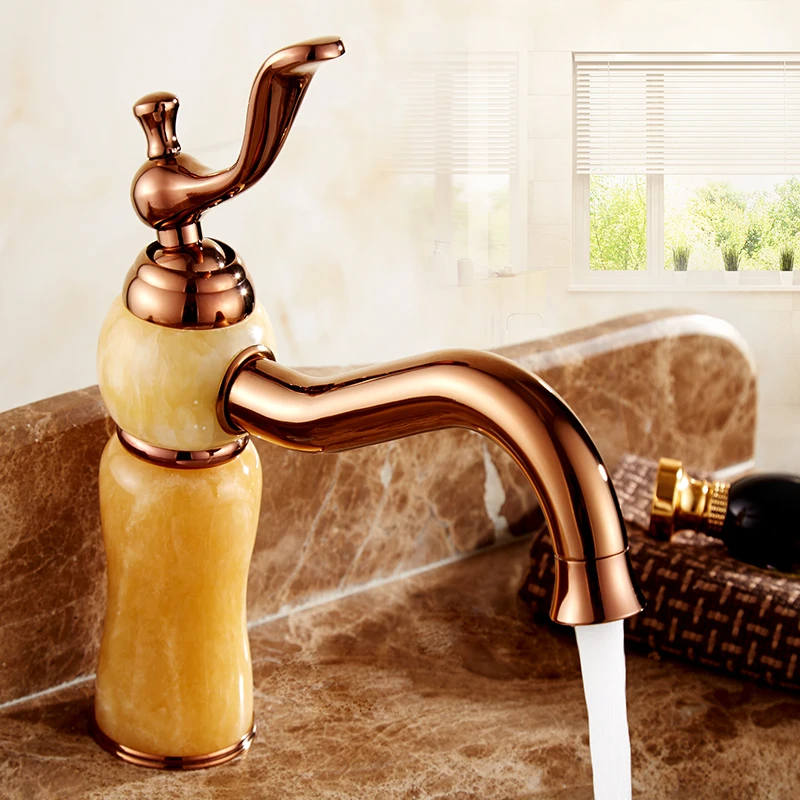 Avrupa antik gül altın banyo lavabo havzası musluk sıcak ve soğuk, bakır Beyaz / Sarı yeşim mermer lavabo musluk Whosale