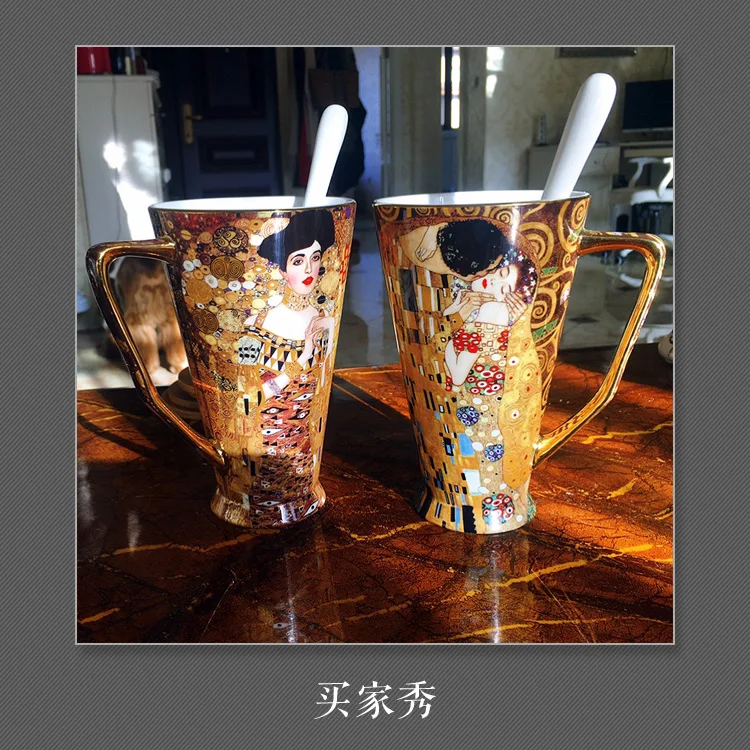 Avrupa retro kemik çini işareti su bardağı çift hediye büyük kapasiteli ev yaratıcı seramik kahve çay bardağı kapak kaşık 2