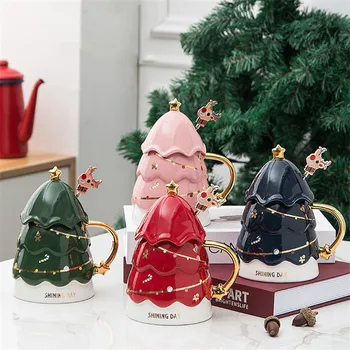 Avrupa Seramik Noel Ağacı Tasarım Kahve kapaklı kupa ve Kaşık Porselen Çift Süt Kupa Sevimli Ofis çay bardağı Drinkware