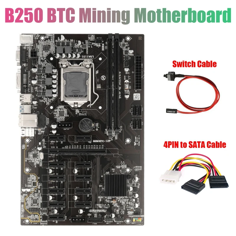 B250 BTC Madencilik Anakart ile 4PİN SATA Kablosu + Anahtarı Kablosu 12 Xgraphics Kart Yuvası LGA 1151 DDR4 USB3.0 Madenci için