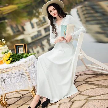 Bahar Sonbahar Orijinal Tasarım Beyaz Elbise V Yaka Patchwork Dantel Kadınlar Lüks Abiye Vintage Düğün Uzun Elbise DZ2857 0