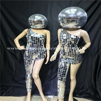 Balo salonu Dans Gümüş Kostümleri Led DJ Ayna Topu Olay Elbise DS Disko Podyum Bar Performans Giyer Modelleri Parti Ayna Kask