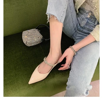 Baotou yarım terlik kadın giyim sivri rhinestone mizaç katır patent deri düz sandalet rahat kadın ayakkabısı 2