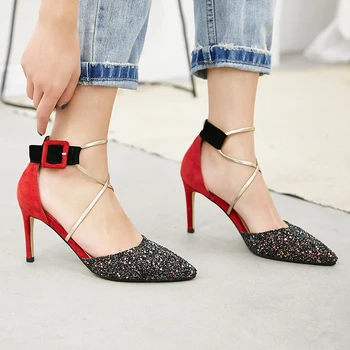 Baotou yüksek topuklu sandalet sivri koyun anti-cilt stiletto renk eşleştirme kadın ayakkabısı toka çapraz dantel-up kadın ayakkabısı