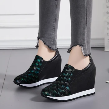 Bayan Sivri Burun Rhinestones Kama Gizli Yüksek Topuk Loafer'lar Sneakers Casual Siyah Şerit Ayakkabı Hakiki Deri Kızlar