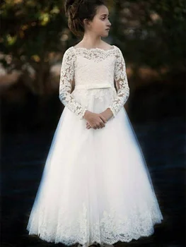 Beyaz Dantel Şeffaf Boyun Çiçek Kız Elbise İle Kristal Kanat Çocuk Parti Törenlerinde Büyük Yay Pageant Çocuklar Düğün Giymek 4