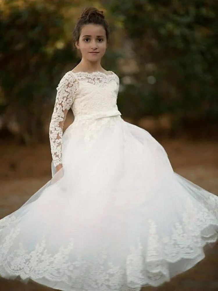 Beyaz Dantel Şeffaf Boyun Çiçek Kız Elbise İle Kristal Kanat Çocuk Parti Törenlerinde Büyük Yay Pageant Çocuklar Düğün Giymek 5