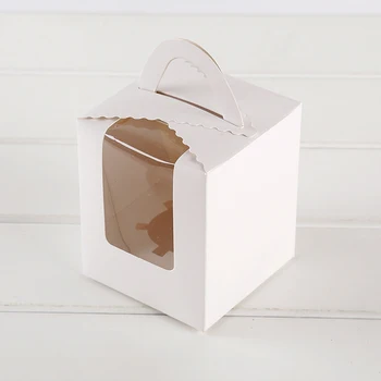 Beyaz Kart Kağıt Cupcake Kutuları Kek Ambalaj Kutuları Saplı Şeffaf Whindow Muffin Kutusu