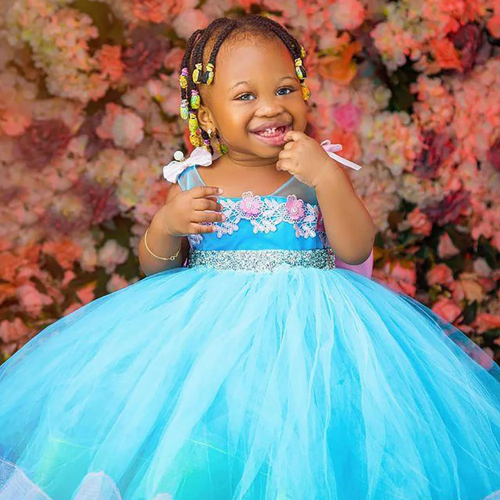 Dantel Payetli Balo Tutu Mavi Çiçek Kız Elbise Moda Tül Zarif Lilttle Çocuklar Doğum Günü Pageant Düğün Törenlerinde 3