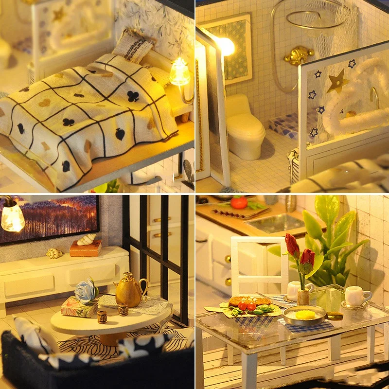 DIY Dollhouse Kiti Ahşap Bebek Evi Minyatür Ev Mobilya Kiti Oyuncaklar Çocuk Hediye için 1:24 Ölçekli Yaratıcı Odası