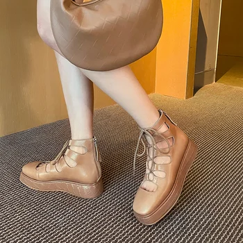 Dovereıss Moda kadın Ayakkabı Zarif seksi Saf renk Kahverengi Çapraz bağlı Muhtasar serin çizmeler Sandalet 43