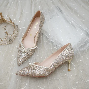 Düğün ayakkabı kadın Xiuhe gelinlik iki yeni gelin ayakkabıları kristal yüksek topuklu yorgun ayak değildir ve sıradan takılabilir