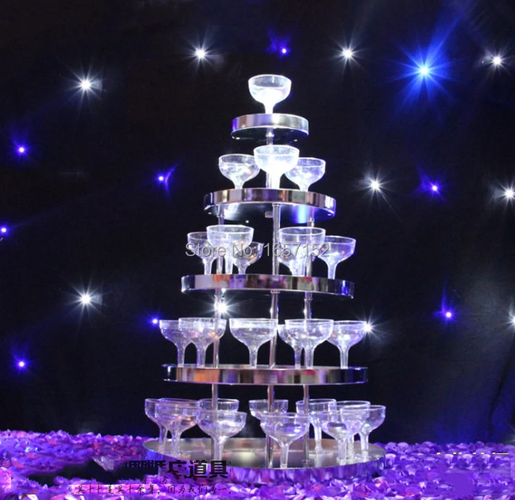 Düğün şarap kulesi, beş katlı yuvarlak Paslanmaz Çelik şampanya kulesi, şenlikli parti malzemeleri