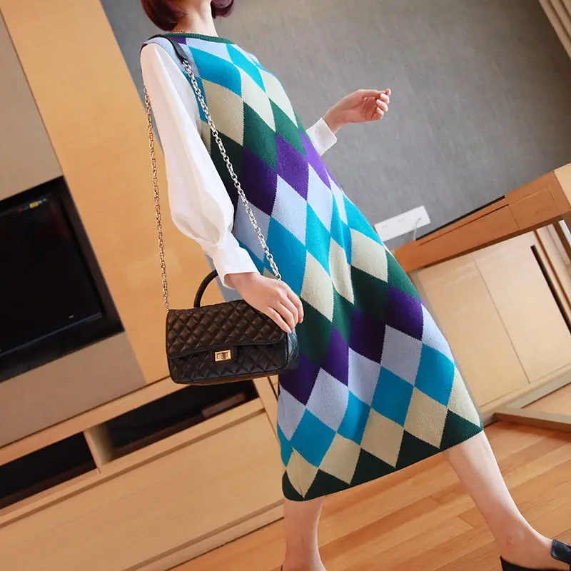 Ekose Sonbahar Elbise Yeni kadın Uzun kollu Patchwork Moda Dip Uzun Örgü Kazak Elbise Gevşek Zarif Vestidos f2289