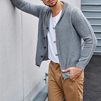 Erkek Yeni Bahar ve Sonbahar Uzun Kollu Hırka gömlek Casual Colid renk Örme Eweater Moda Yaka Düğmesi meen'in Streetwear