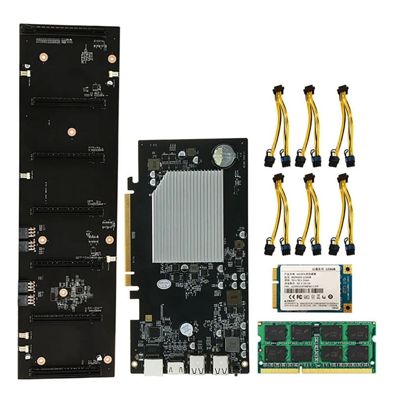 ETH-HSW2 BTC Madencilik Anakart Seti ile 128G SSD + 8G DDR3 RAM + 6X8Pin Güç Kablosu 6 Kartları PCIE X16 Grafik Kartı Yuvası 70mm 5