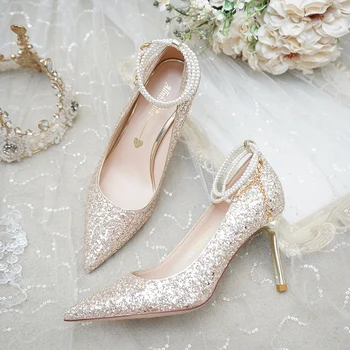 Fransız düğün ayakkabı xiuhe gelinlik iki aşınma yaz yeni niş gelin askısı yüksek topuklu