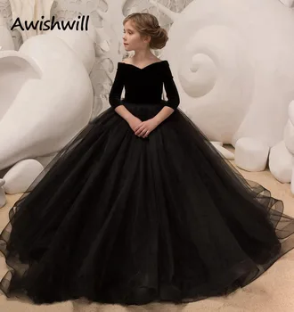 Gerçek Fotoğraf Siyah Prenses A-line Tül Parti Elbiseler Çiçek Kız