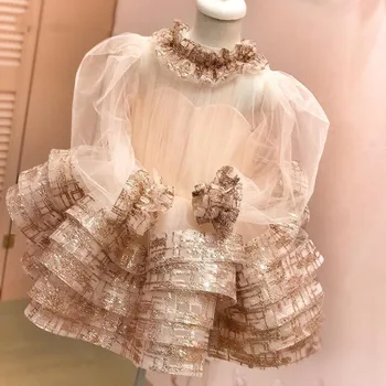 Glitter Tül Kız Elbise Şampanya Organze Saten Uzun Kollu Bebek Kız Elbise Diz Boyu Etek Kız Doğum Günü Partisi Elbisesi