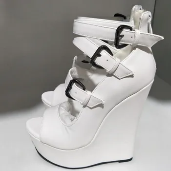 GOOFLORON Yeni,, beyaz düğün ayakkabı, 15.5 cm yüksek topuk sandalet, kadın sandalet, kama sandalet. Boyutu: 34 ve 45