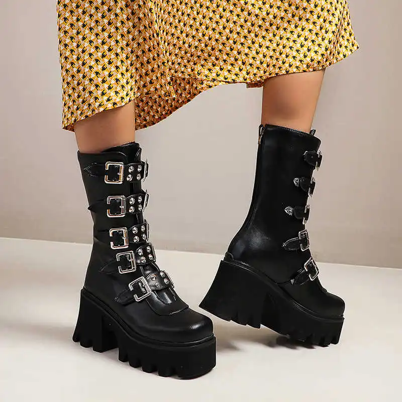 Gotik platform ayakkabılar Kadınlar İçin Askeri savaş botları Gotik Tarzı Koyu Punk Lolita Mary Jane Medya Ayakkabı