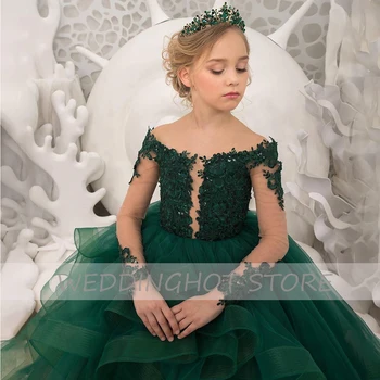 Green Princess Flower Girl Dresses 2022 New Baby A-Line Christmas Prom Gowns Long Sleeves Kids Birthday Dress платье для девочки 2